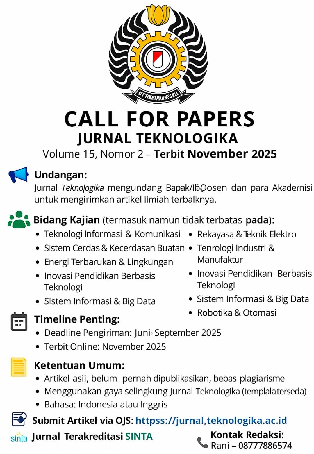 Call for Papers (Jurnal Teknologika)