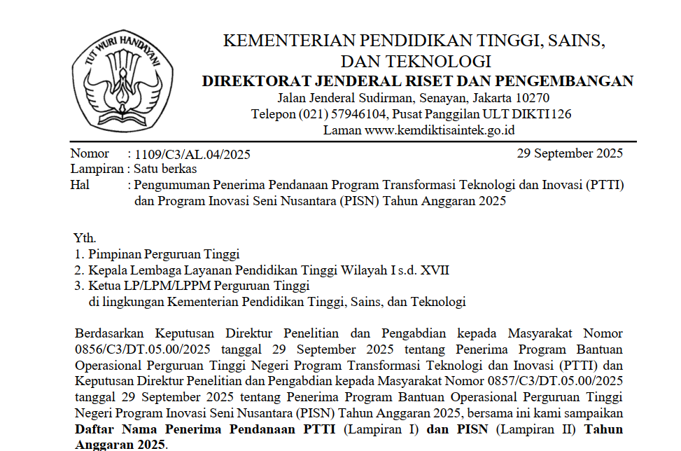 Penerima Pendanaan Program Transformasi Teknologi dan Inovasi (PTTI) dan Program Inovasi Seni Nusantara (PISN) Tahun anggaran 2025